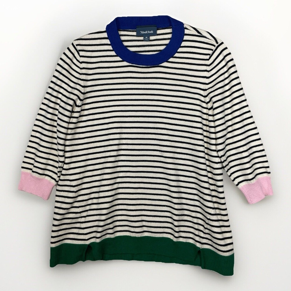 Modcloth Medium Viscose Nylon Sweater Striped Multicolor 3/4 Sleeve Preppy